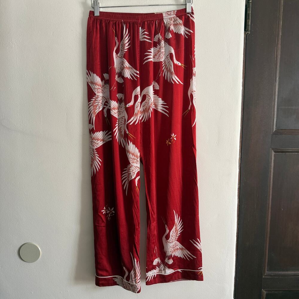 Red Mulberry Silk Crane Print Pajama Pants | Large